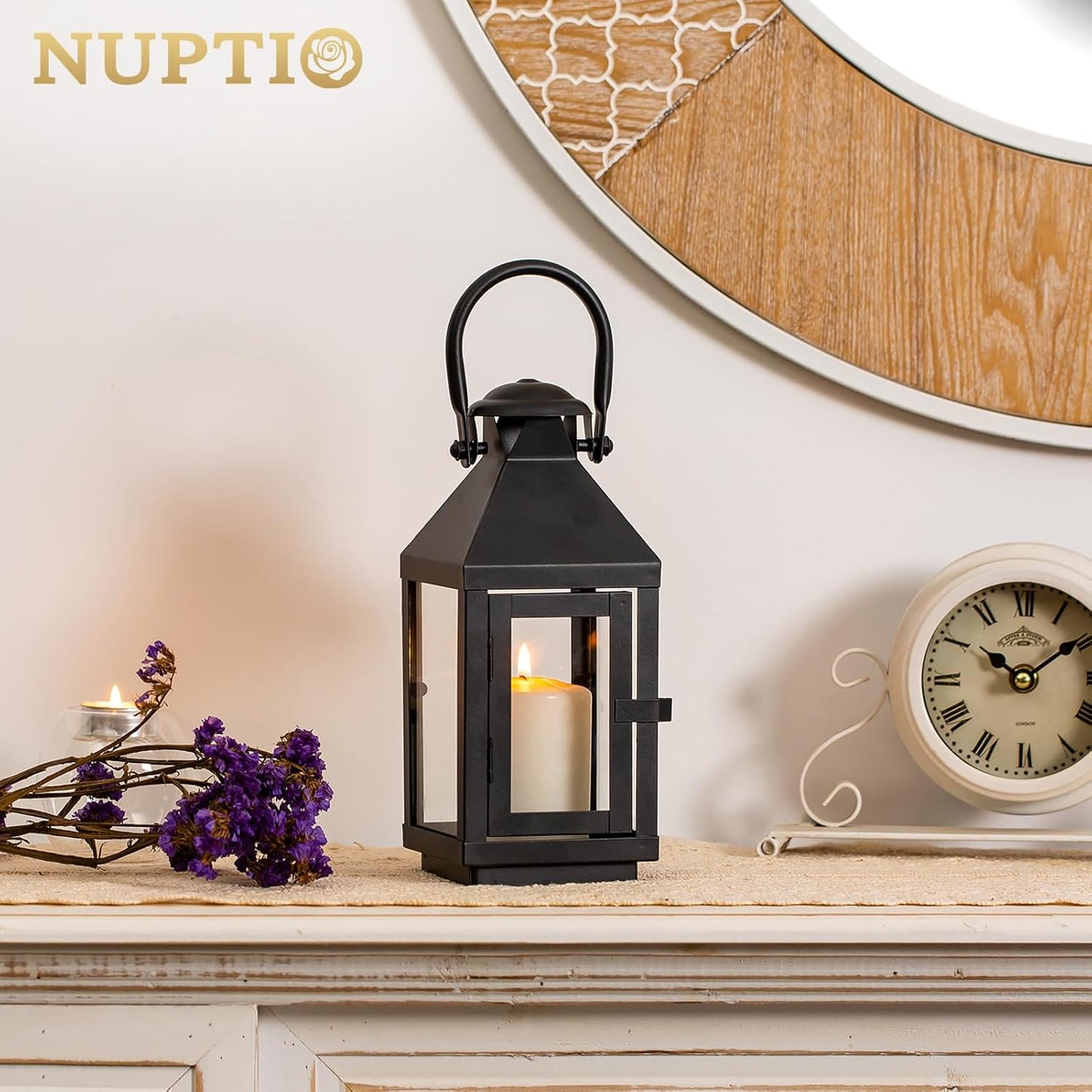 Nuptio Garden Lanterns for Candles, 20cm/7.87in Tall Vintage Style Pillar Candle Holder, Metal Halloween Candle Holders, Hanging Decorative Candle Lanterns for Wedding Christmas Parties Indoor Outdoor