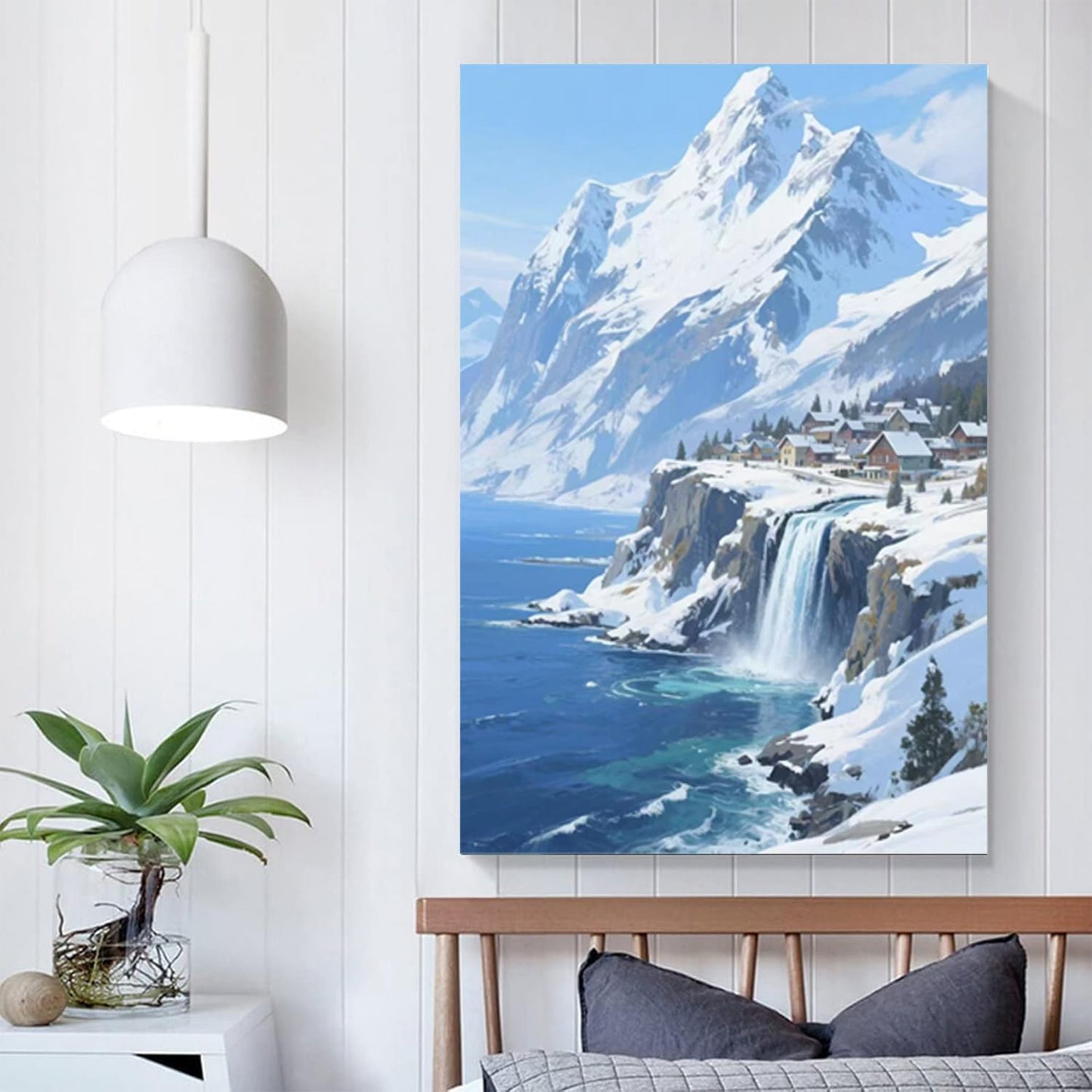 Winter lakeside town and snowy scenery merge together to form a landscape poster wall art suitable for living room bedroom and office