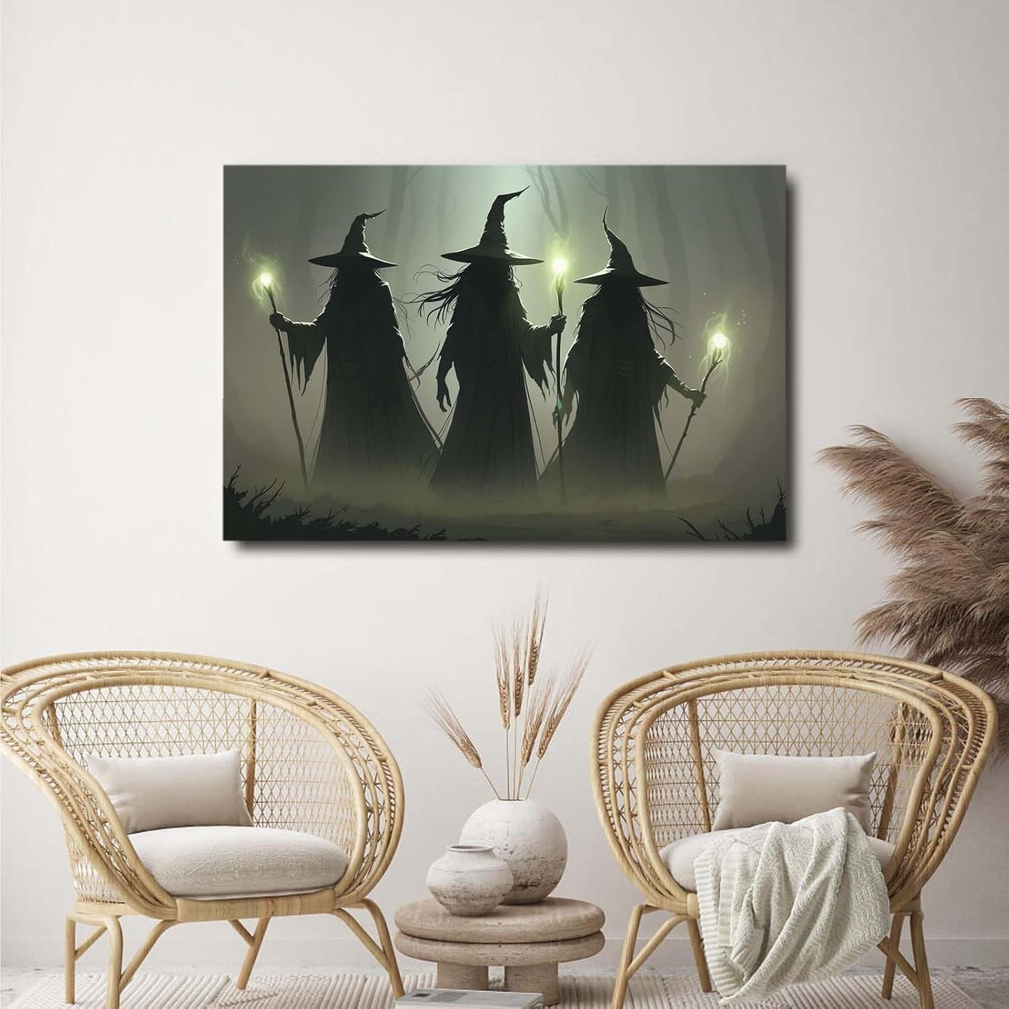 JFHCQJPK Vintage 3 witches canvas wall decor melancholy dark Halloween poster wall decor holding a staff print Gothic horror Halloween painting print for living room bedroom32x48in Frameless
