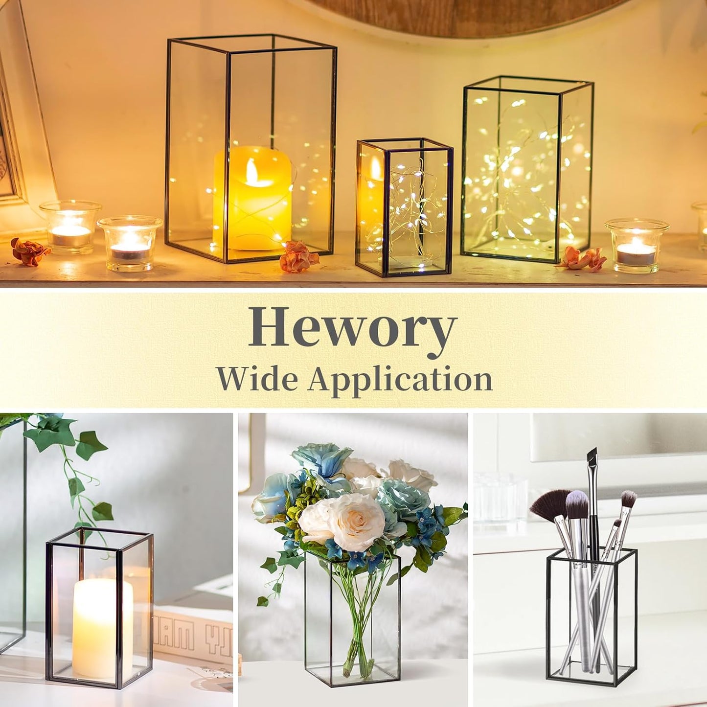 Glass Hurricane Candle Holder Large - Hewory 18pcs Black Rectangle Flower Holders Centerpiece for Table, Tall Floor Square Pillar Candle Lantern for Wedding, Anniversary, Party, Fireplace, Dining Room