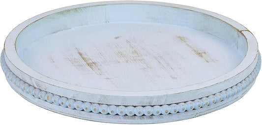 Round Wood Serving Tray with Beads, Blue Washed Wooden Decorative Tray for Entertaining, Decoration, and Gifting