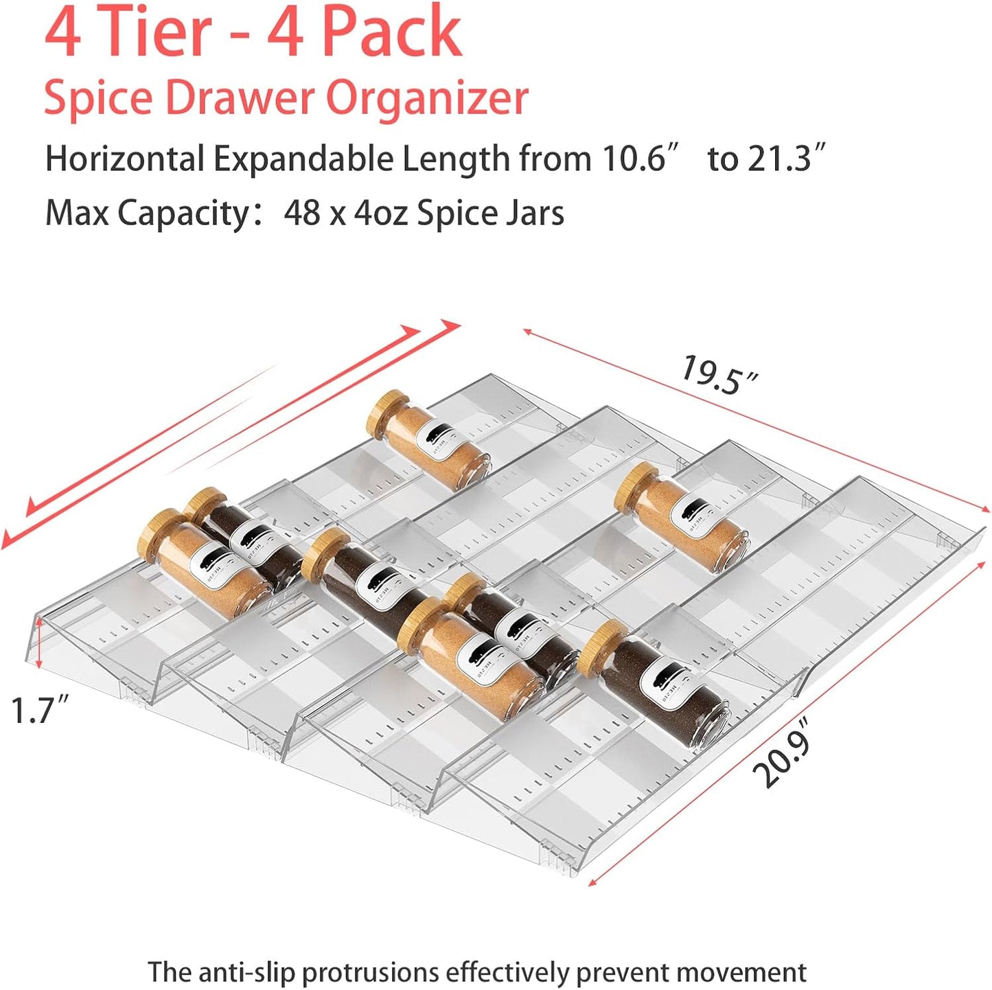 4-Tier Non-Slip Spice Drawer Organizer, 4-Pack Checkered Frosted Clear Acrylic, Expandable (11''-22'') Spice Rack for Kitchen Drawer Storage – Holds Seasonings, Herbs, and Spices (Jars Not Included)