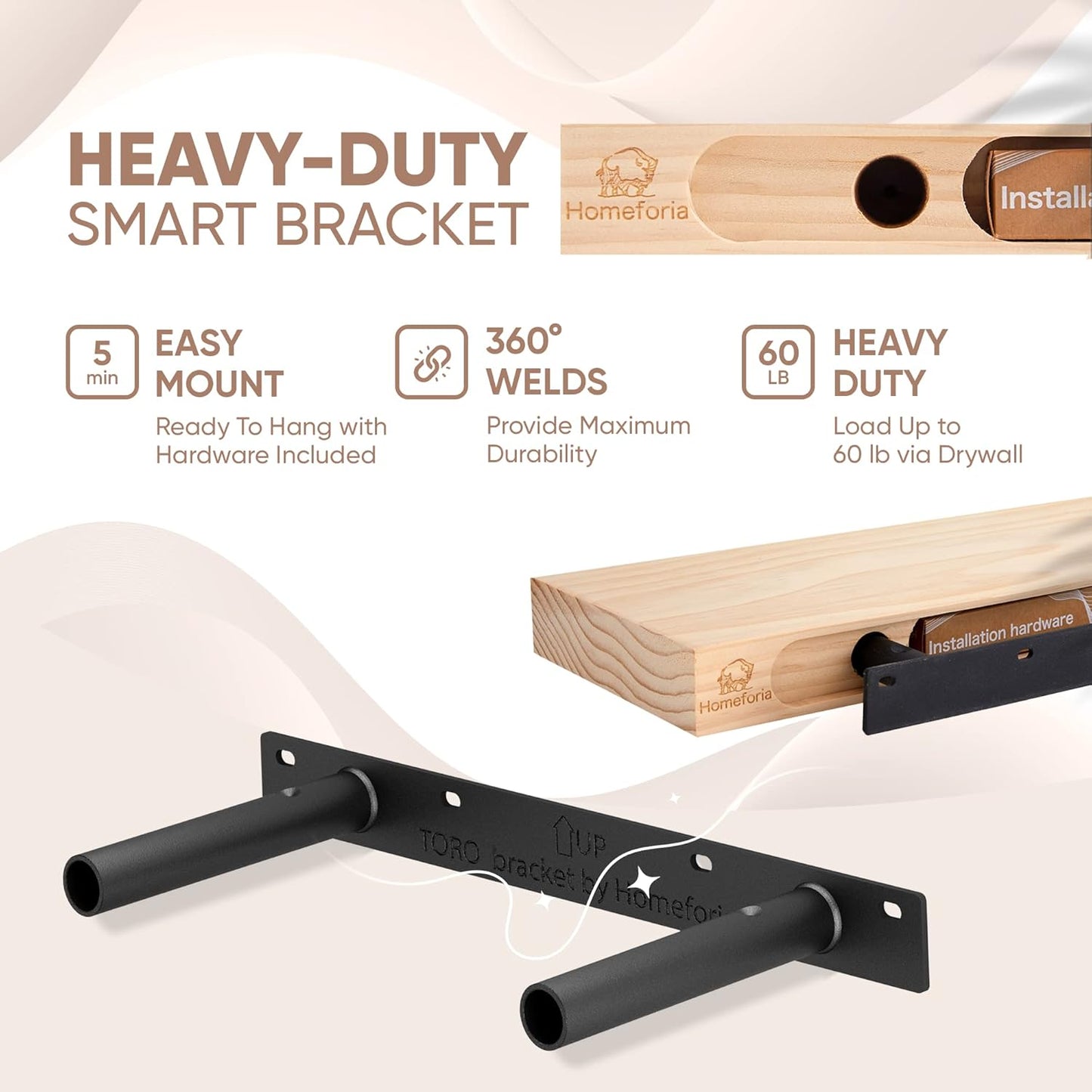Homeforia 12 inch Natural Floating Shelf, High End Solid Real Wood 12inch Small Floating Shelves for Wall Mounted, Natural Wooden Floating Shelves, Heavy Duty Bracket, 12 X 6.5 X 1.75 in, Set of 4