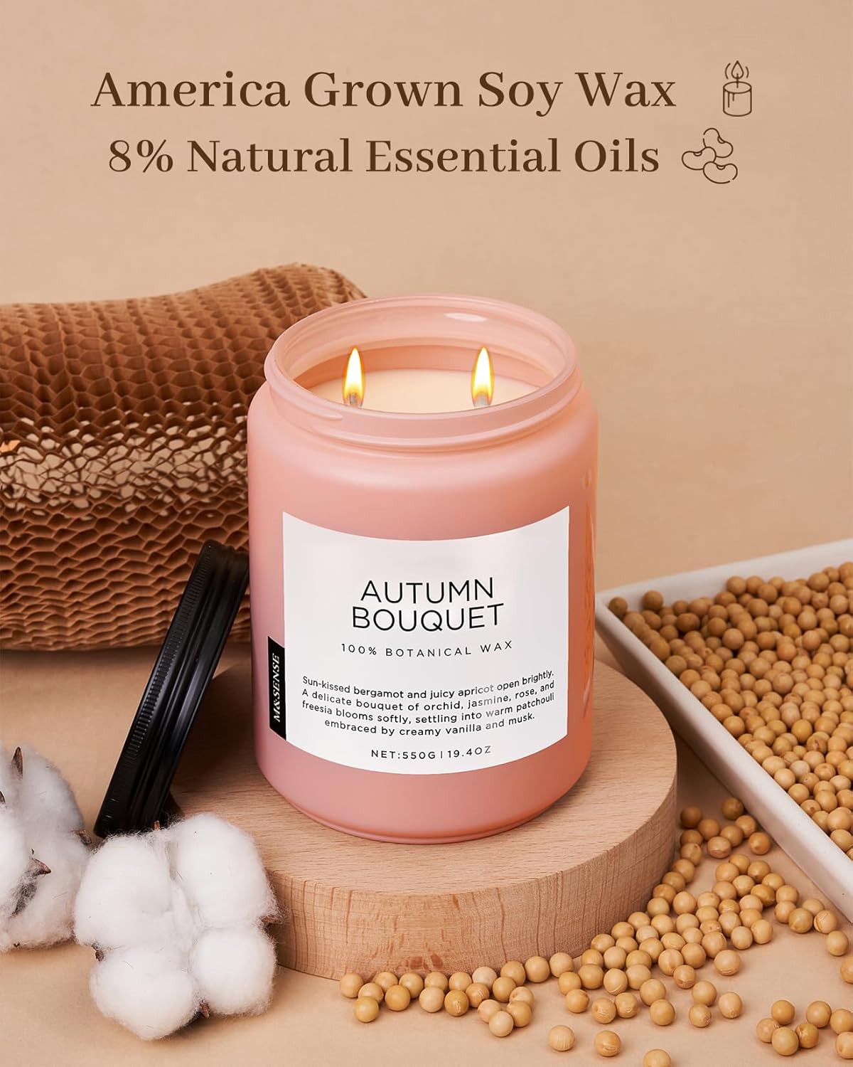 M&SENSE Fall Candle Autumn Wreath Scented, Large 19.4oz Natural Soy Wax 110 Hours Burn Time Clean Non Toxic Candle Classic 2 Wicks Gifts