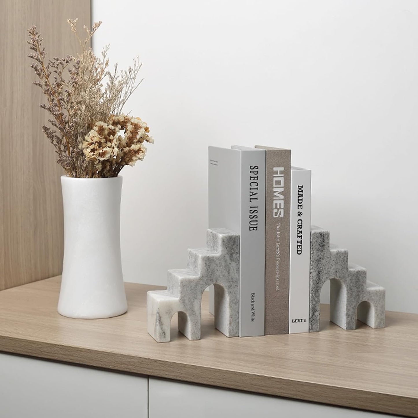 Natural Marble Book Ends for Shelves, Decorative Bookends for Heavy Books, CastleGuard Bookend Book Holder Stopper for Home Office Desk Bookshelf Decoration, Set of 2 (Mist Grey)