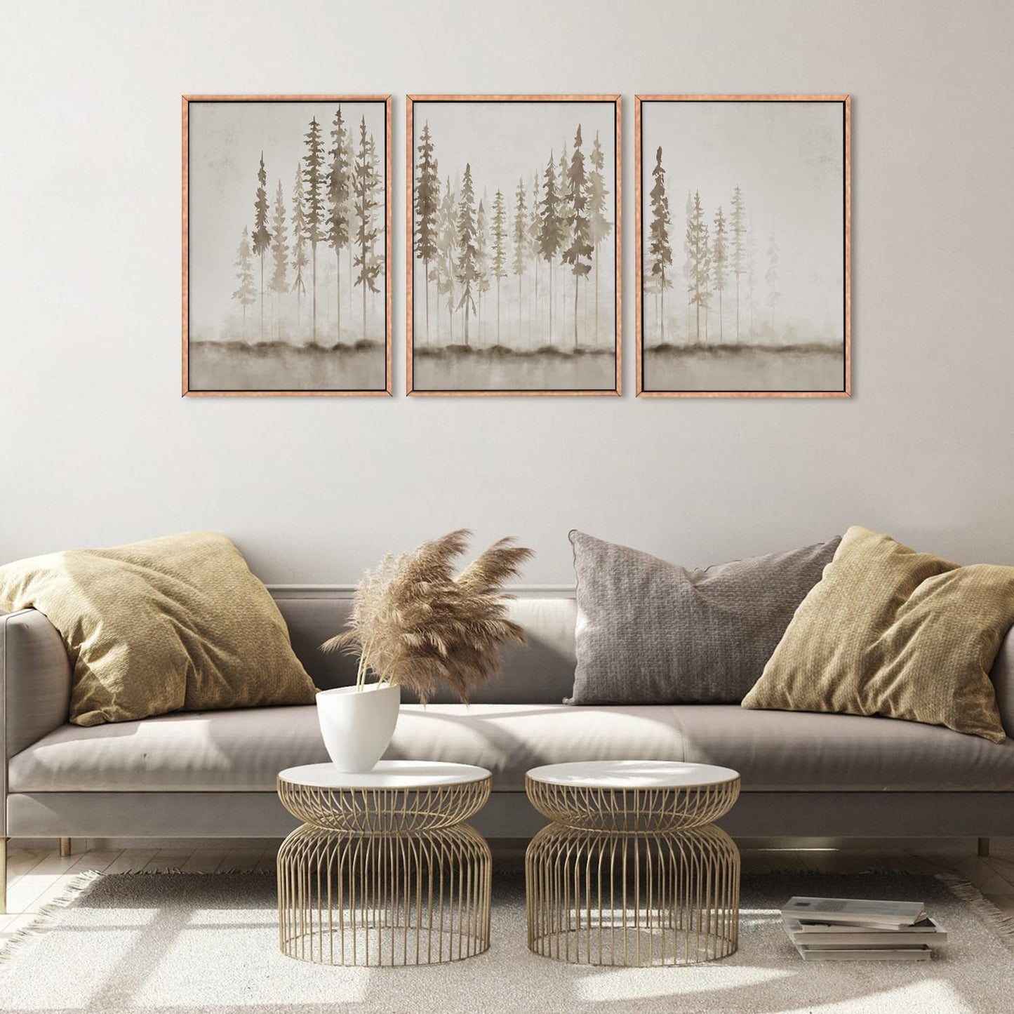 HPNIUB Large Misty Forest Framed Canvas Art Print Set, Modern Foggy Pine Tree Wall Decor, Pastel Nature Landscape, Abstract Foggy Forest Plant Art for Living Room, Bedroom, Office - 16" x 24" x 3