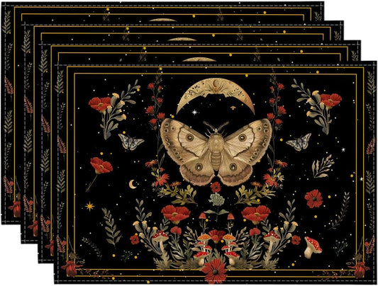 Artoid Mode Black Poppy Moth Moon Placemats Set of 4, 12x18 Inch Floral Spring Table Mats for Outdoor Home Party Kitchen Dining Decor