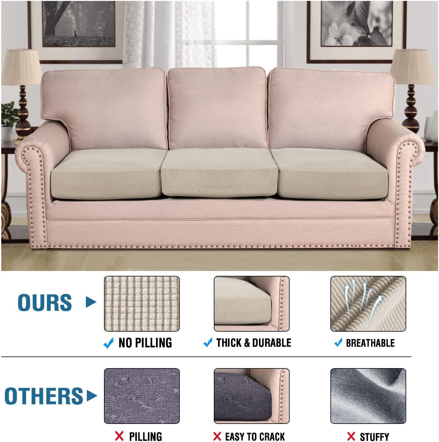 H.VERSAILTEX Super Stretch Individual Seat Cushion Covers - Sofa & Couch Cushion Slipcover Sets - Thick Jacquard Textured Twill Fabric (3 Piece XL Sofa Cushion Covers, Island Fossi)