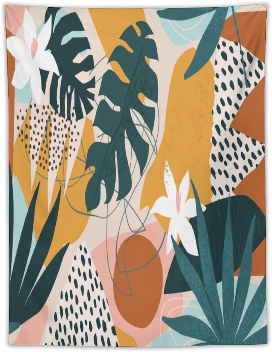 Abstract Bohemian Mid Century Tapestry, Tropical Leaves Modern Geometric Archway Minimalist Bohemian Botanical Aesthetic Wall Hanging, Sage Green Gold Home Decor Art for Bedroom 60x80 Inch