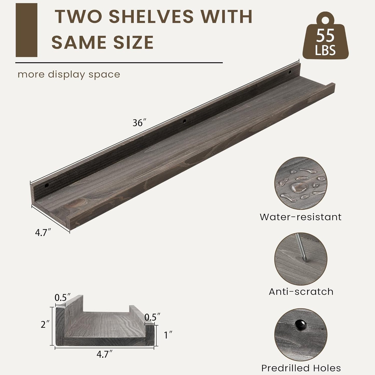 Floating Shelves for Wall, Picture Ledge Shelf 36 Inch Solid Wood Set of 2, Rustic Wall Shelves with Lip, Kids Bookshelf, Photo & Picture Live Edge Floating Shelves for Bedroom, Living Room, Kitchen