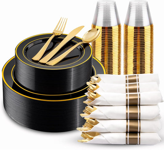 175PCS Black and Gold Plates - Black Disposable Plates for Party - 25Guests Disposable Dinnerware Set for Halloween/New Year/Wedding