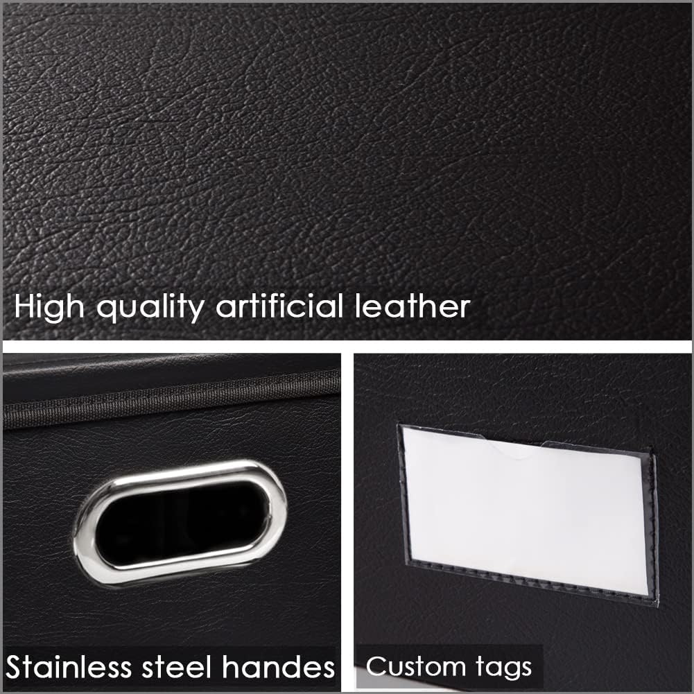 PRANDOM Collapsible Storage Box with Lid [3-Pack] Leather Fabric Foldable Storage Bin Organizer Container Basket Cube with Cover for Home Bedroom Closet Office Nursery Black(13.6x9.6x6.9)