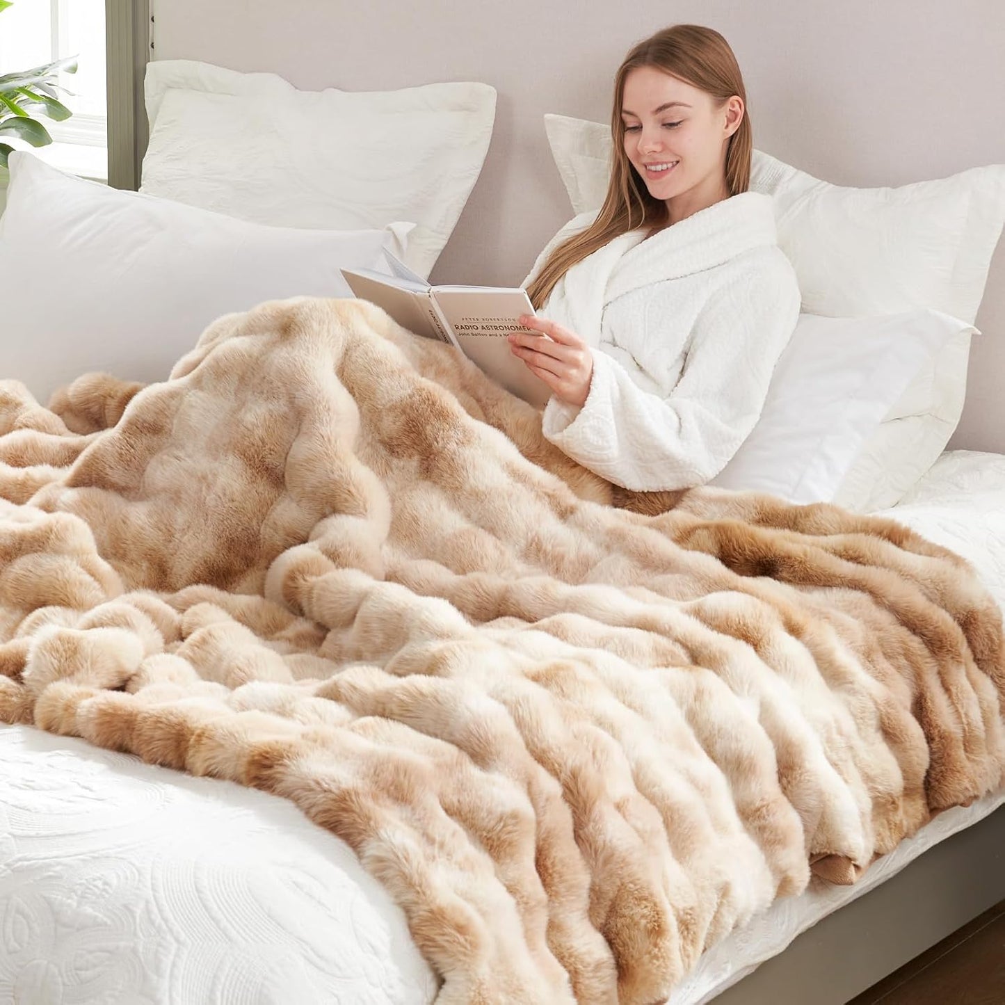 Cozy Bliss Faux Fur Throw Blanket for Couch, Fuzzy Soft Plush Thick Bubble Blanket for Sofa Bedroom Living Room, 60 * 80 Inches Tie-dye Beige