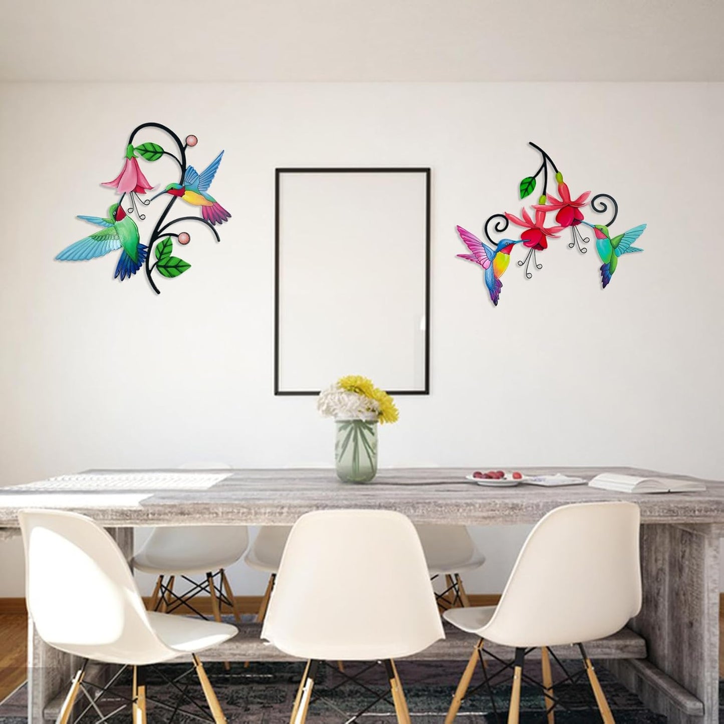 2 Pack Metal Hummingbird & Flower Outdoor Wall Art Decor, Creative Wall Decor for Patio, Fence, Deck, Garden, Home, Kitchen, Balcony