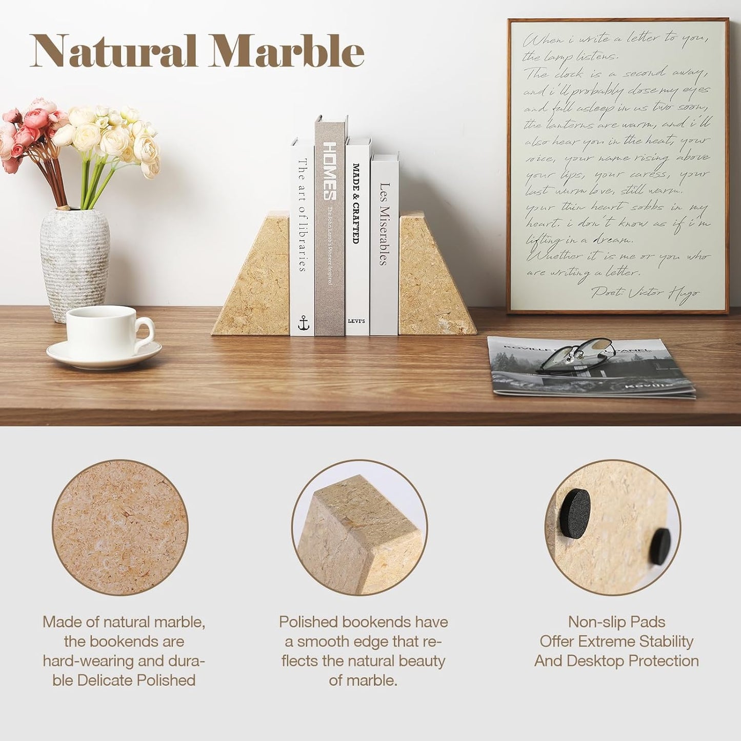 Marble Bookend for Heavy Books, Decorative Bookends for Shelves, Durable and Heavy-Duty Book End for Hardback Book & CDS, Unique Book Stopper & Holder, Pearlly Yellow, Set of 2