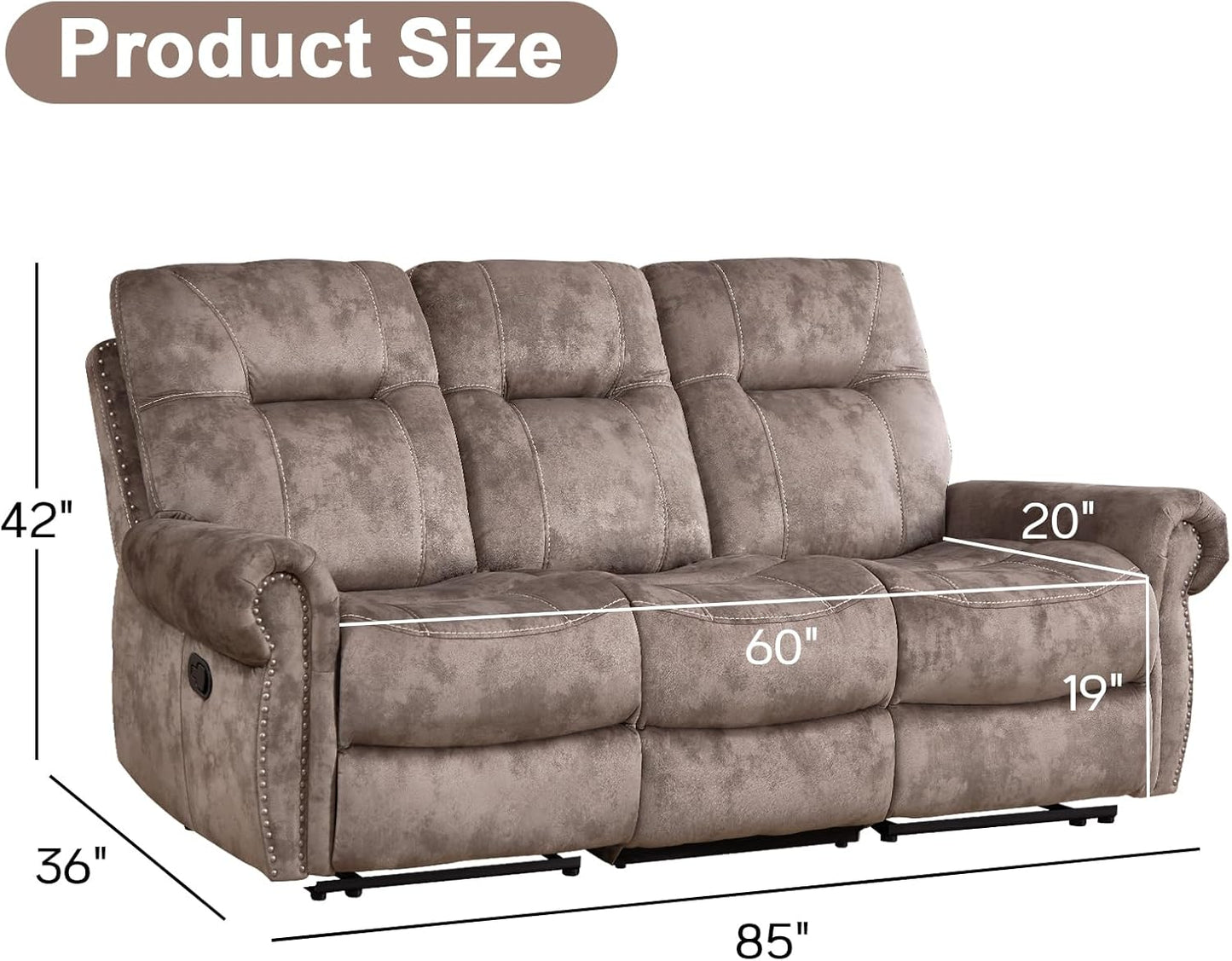 EBELLO Manual Recliner 3 Seat Sofa Couch, Soft Fabric 3 Seater Reclining Couch Chair, Vintage Rivet Mid-Century Design Furniture for Living Room, Meeting Room, Brown