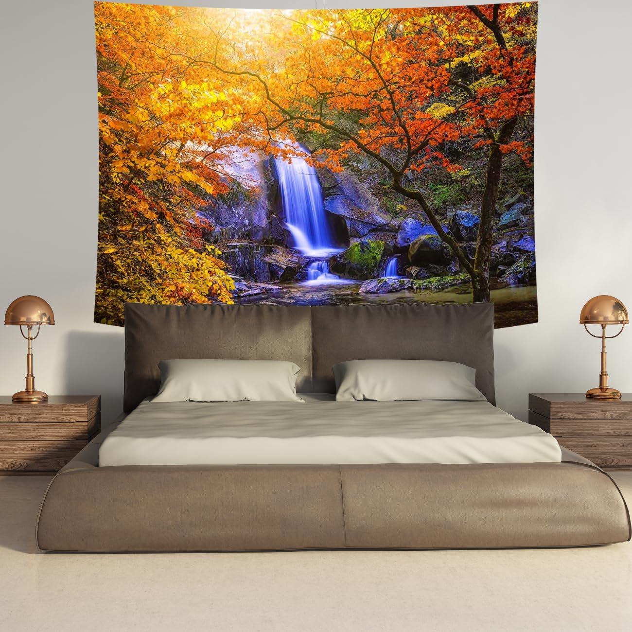 Delur Waterfall Tapestry Forest Nature Scenic Tree Mountain Sunset Tapestry Wall Hanging Natural Landscape Sunrise Headboard for Bedroom Living Room Home Decor (70.8" x 92.5")