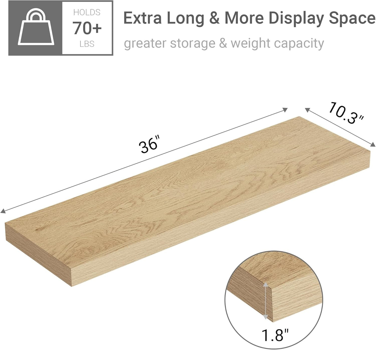 10 inches Deep Floating Shelves 36 inch Long, Single Wall Shelves Heavy Duty 70 lbs for Bedroom, Bathroom, Living Room, Kitchen, Office, Modern Shelf Home Decor, Set of 1, Oak