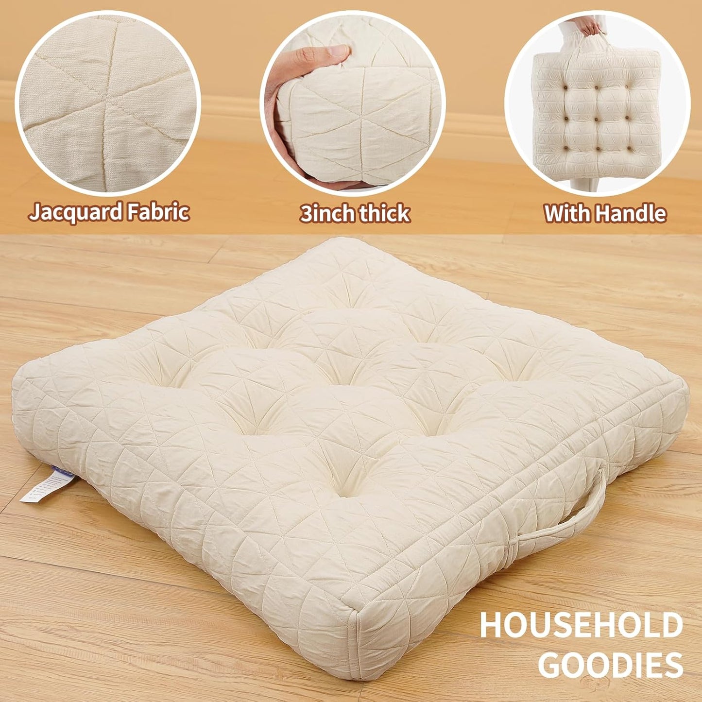 Large Chair Cushions with Handle, 20"x 20" Bite-Size Memory Foam Seat Cushions for Wicker Chair, Patio Non-Slip Rattan Chair Pads, Square Floor Cushion, Beige