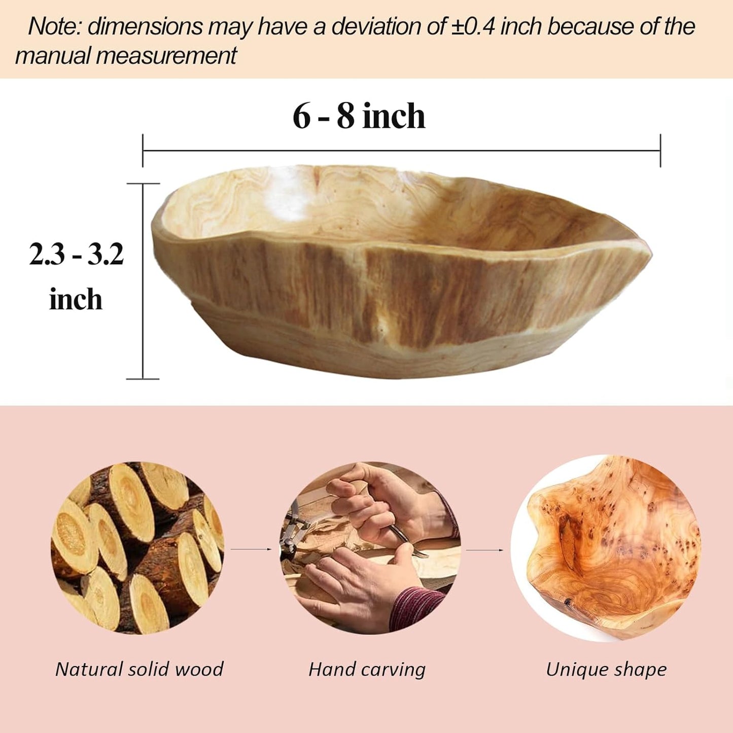 Wooden Bowl Decorative Natural Wood Fruit Bowl, Irregular Creative Wood Bowls, Rustic Hand Carved Candy Snack Keys Serving Bowls for Home Decor (6"-8" Diameter)
