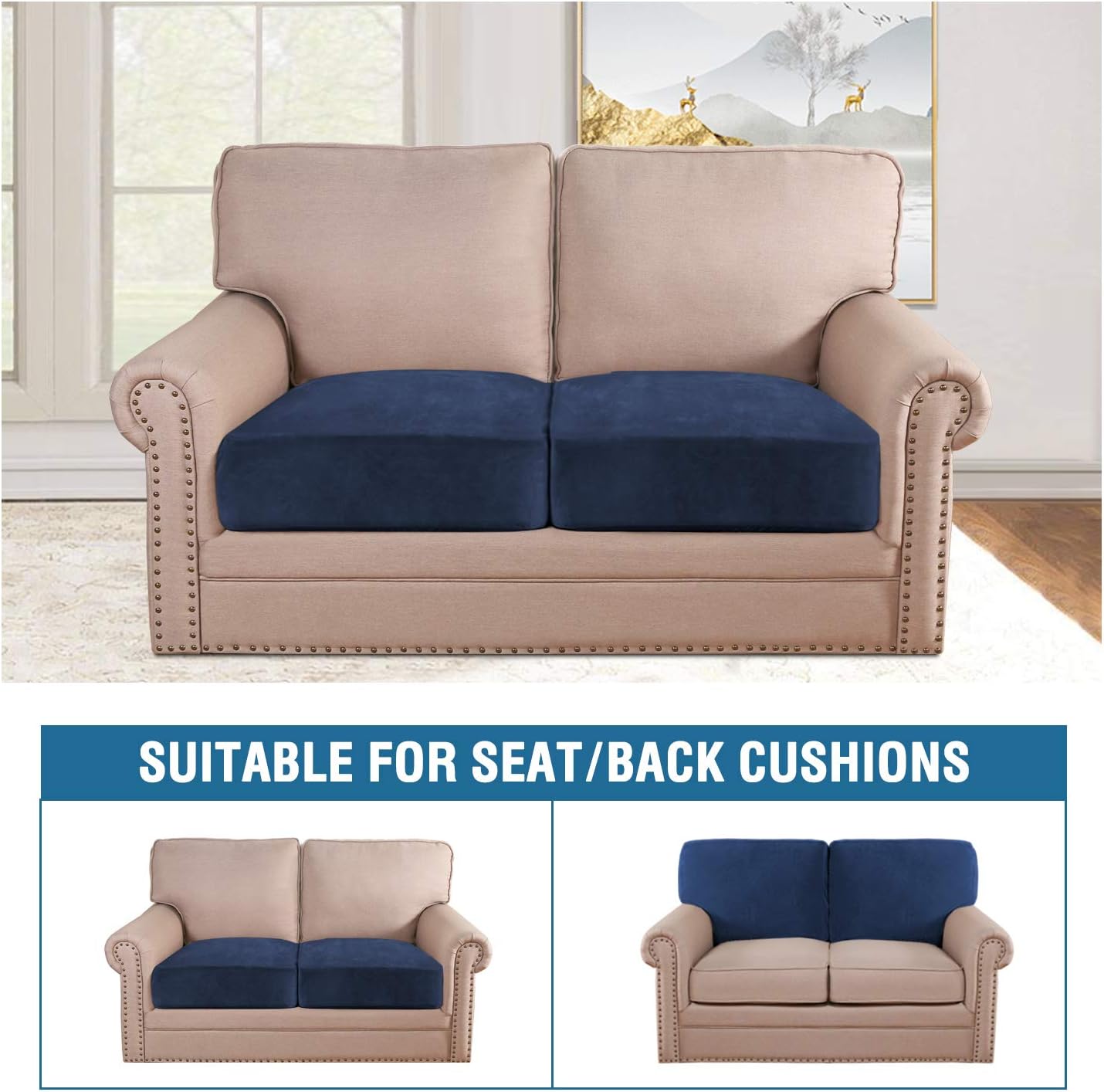 H.VERSAILTEX Velvet Stretch Couch Cushion Cover Plush Cushion Slipcover for Chair Loveseat Sofa Cushion Furniture Protector Seat Cushion Sofa Cover (2 Piece Medium Sofa Cushion Covers, Navy)