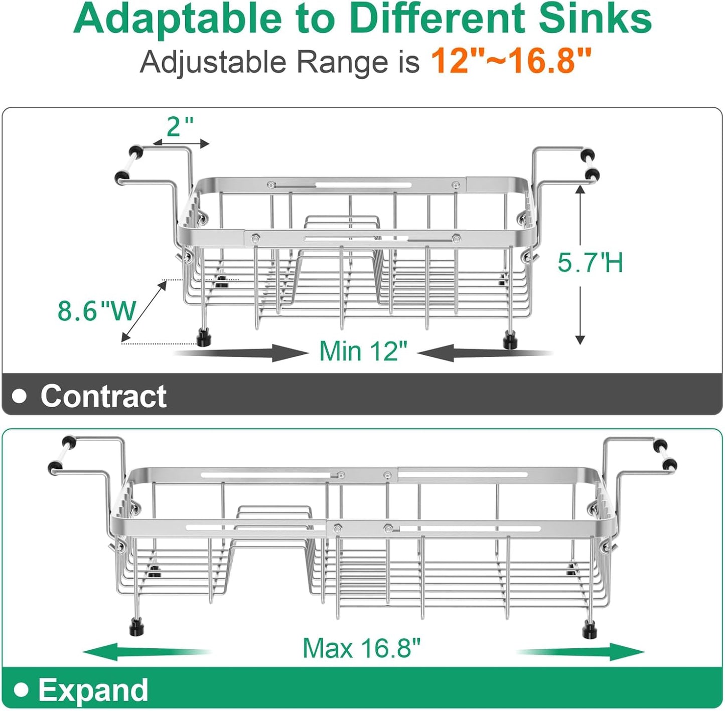 GSlife Expandable in Sink Dish Drying Rack Small with Silicone Mat - Stainless Steel Capacity Adjustable Over The Sink Dish Rack with Utensil Holder for Counter or Inside Sink (12.4" -16.8"), Silver