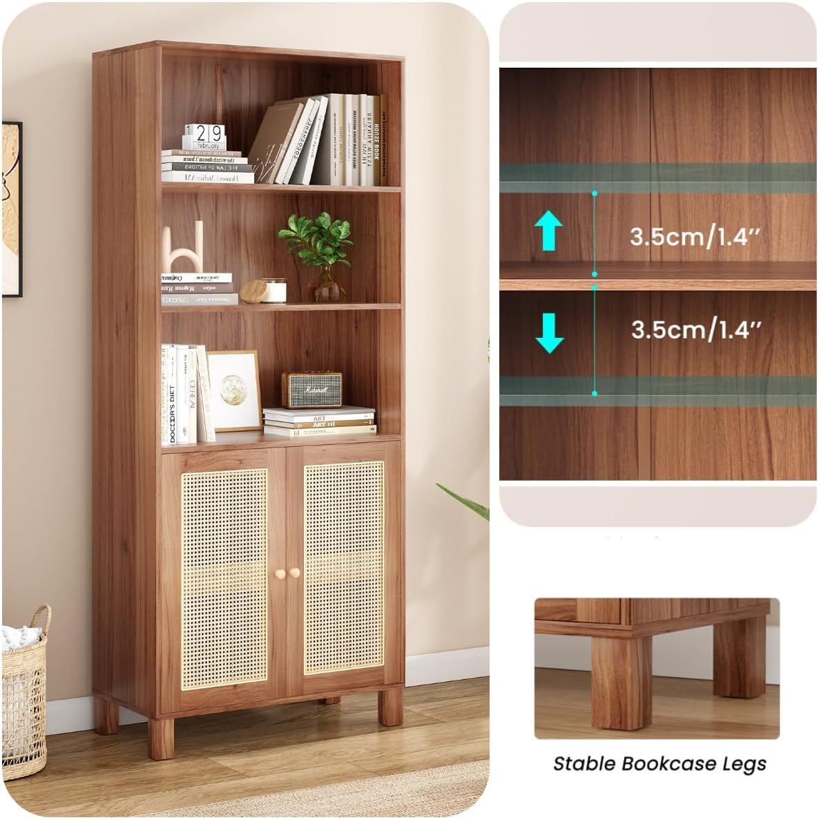 Tall Bookshelf, 5-Tier Book Shelf with 2 Rattan Doors, Freestanding Bookcase Display Shelves with Large Storage, Book Case for Living Room, Office, Study, Bedroom, 70.9 Inch