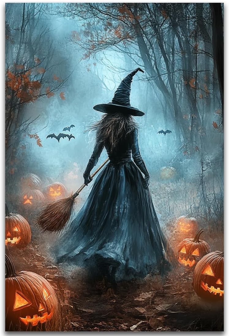 Vintage Moody Halloween Witch Artwork Wall Decor,Spooky Halloween Gothic Canvas Artwork Creepy Horror Witch with A Broom Pumpkin Bats Rustic Forest Picture,Dark Academia Poster,24"x36" Unframed