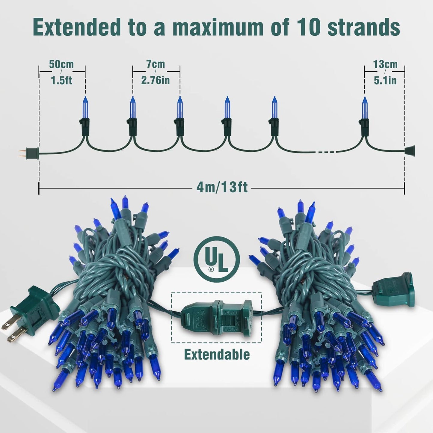 Hopolon Blue Christmas Lights, 13Feet 50Count UL Certified String Light, Pack of 2 Sets Incandescent Mini Lights for Indoor Outdoor Christmas Tree Garland Halloween Party Festival Decor,Blue