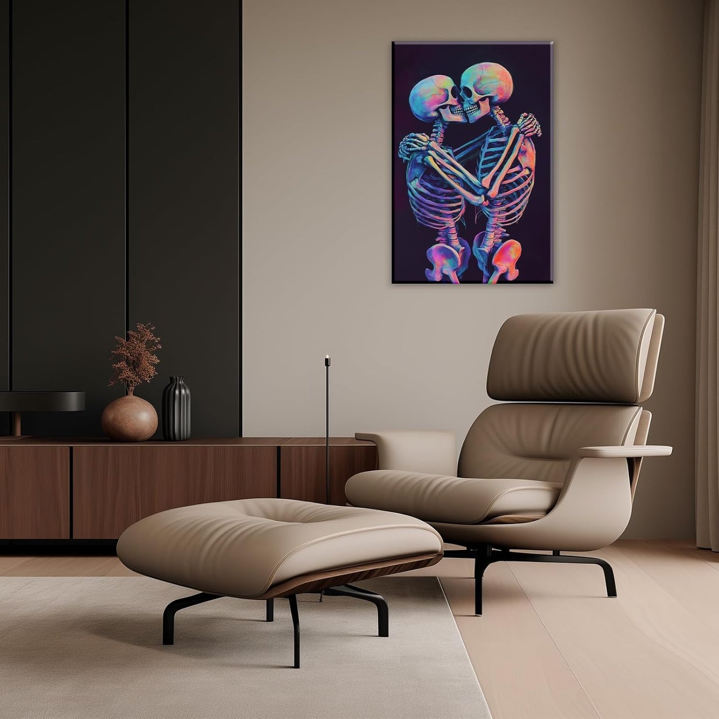 Skeleton Wall Art Kissing Skull Art Poster Skeleton Lover Picture Print On Canvas Abstract Horrible Theme Painting Framed Artwork Living Room Decor(Artwork-3,20"x30")