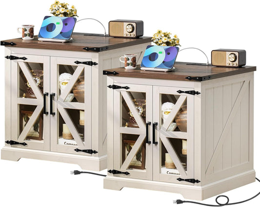 24" End Table Set of 2 with Charging Station, Farmhouse Night Stand with Glass Barn Door, Nightstands with Adjustable Storage Shelf, Large Wood Square Bed Side Table for Living Room,Bedroom