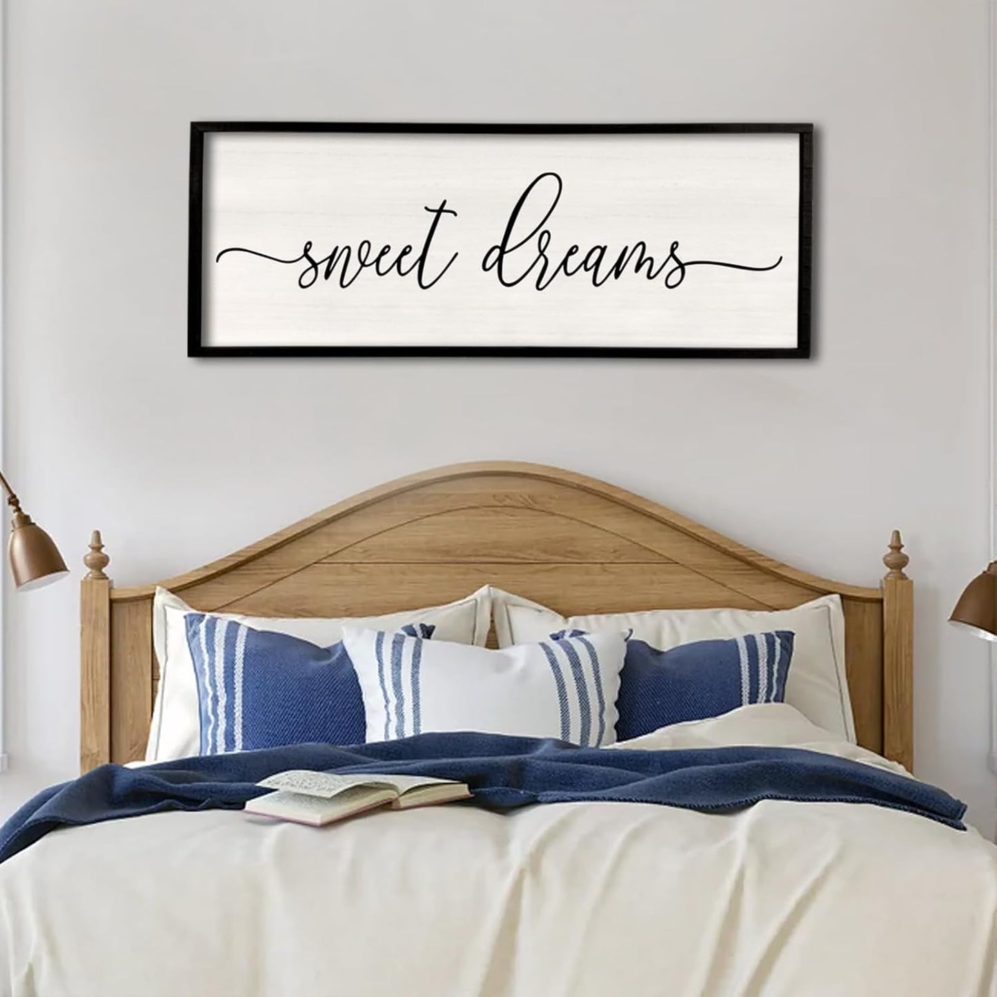 Sweet Dreams Wall Decor Above Bed 40''×15'' Master Bedroom Large Sweet Dreams Sign Farmhouse Wall Decor Guest Room Wood Rustic Framed Over Bed Wall Art Hanging Decoration (Black)