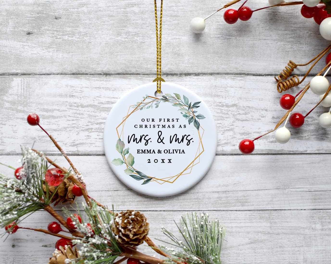 Andaz Press Personalized Our First Christmas As Mrs. & Mrs. 2025 Christmas Ornaments Geometric Greenery 2.8" Round Porcelain Ceramic Lesbian Married Couple Gay Women Newlyweds Wedding Keepsake 1-Pack