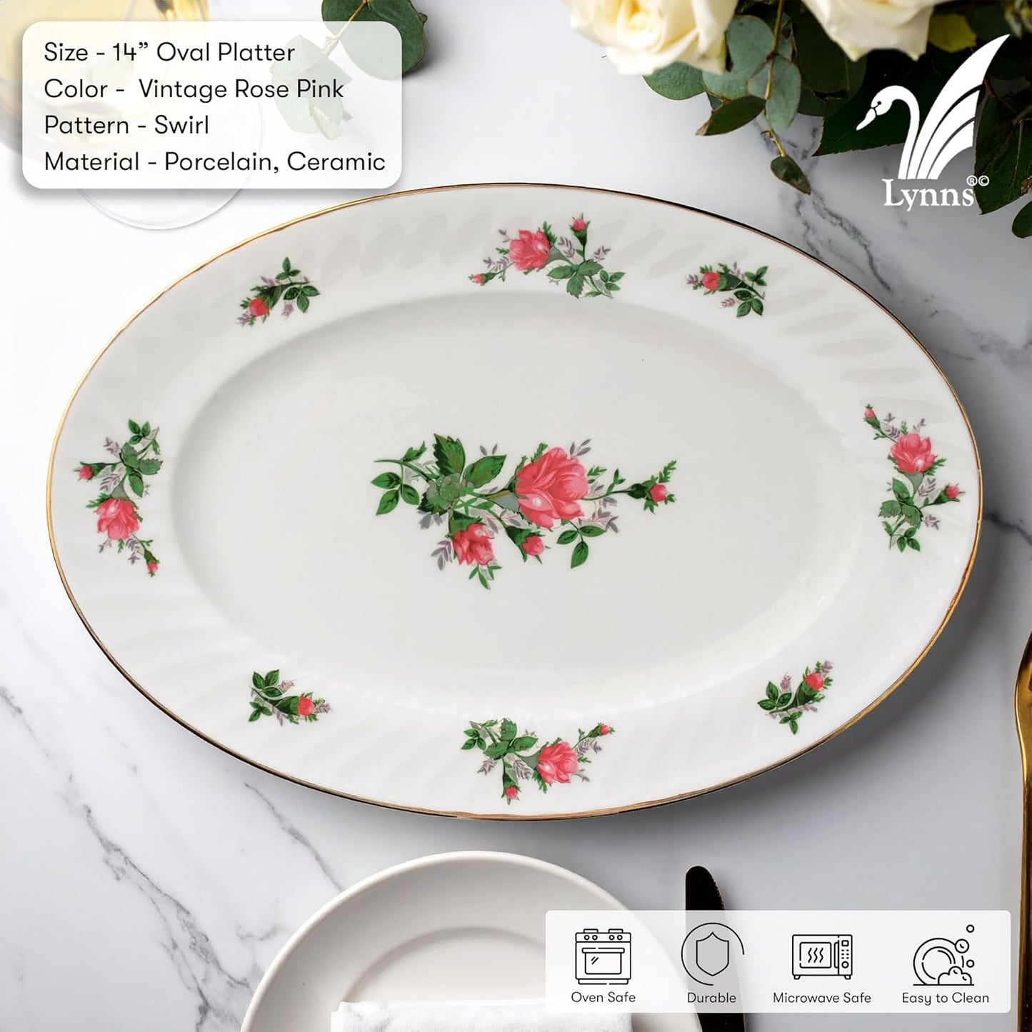 Lynns Paradise Vintage Rose 14-Inch Oval Platter, Set of 2, Pink; Heavy Duty; Chip Resistant; Lead and Cadmium Free; Freezer to Oven Safe up to 500°F