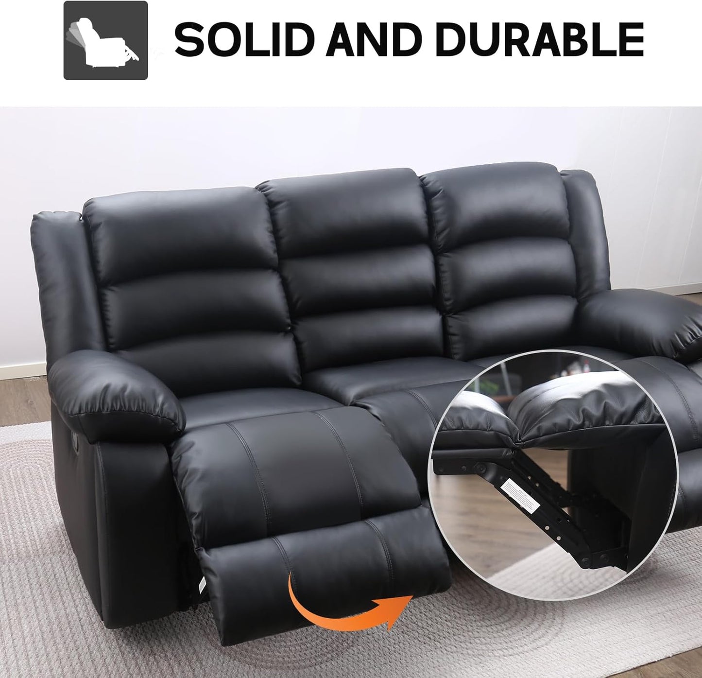 EBELLO Faux Leather Manual Reclining Sofa with 2 Concealed Cup Holders, Overstuffed Armrest 3 Seat Recliner Couch for Living Room, Bedroom, Meeting Room, Black