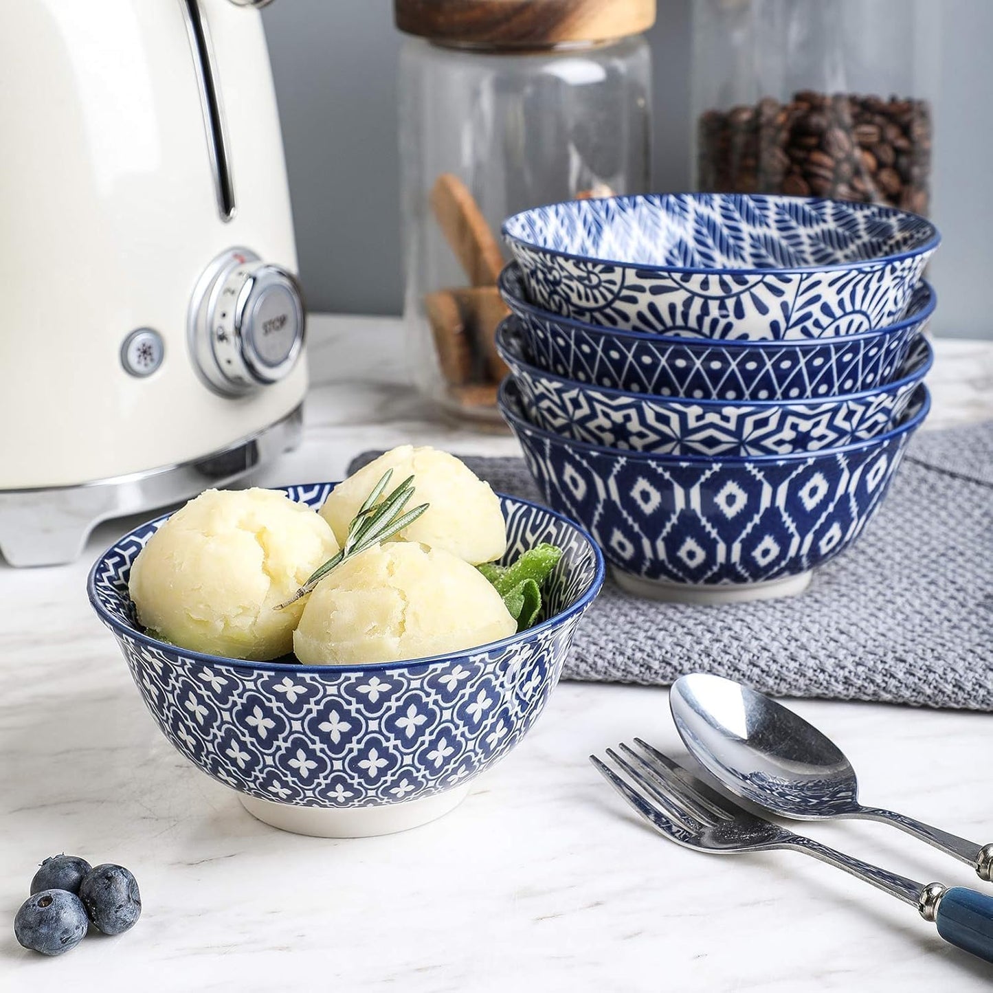 Selamica 7 inches Porcelain Cereal Bowl Set - Set of 6, Soup Bowls, Ceramic bowls for Cereal, Soup, Salad and Pasta, Vintage Blue