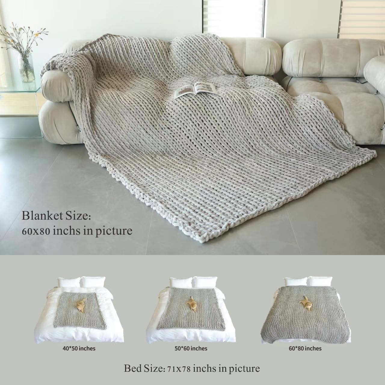 Maetoow Tighter Version Chenille Chunky Knit Blanket Throw 60×80 Inch, Handmade Warm & Cozy Blanket Couch, Bed, Home Decor, Soft Fleece Banket, Boho Thick Blankets and Giant Yarn Throws，Olive Green