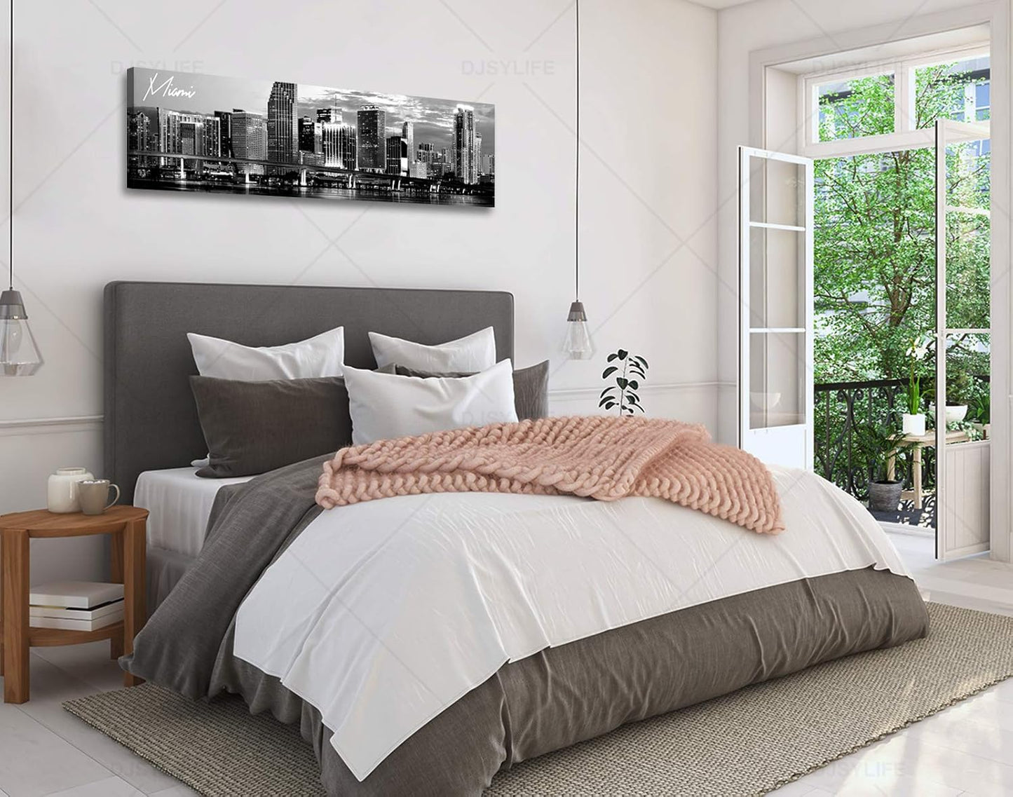 DJSYLIFE Miami Skyline Wall Art Decor Panoramic Cityscape Picture Modern USA City Night View Canvas Prints for Bedroom Office Living Room Decoration Stretched and Framed Ready to Hang 13.8"x47.3"