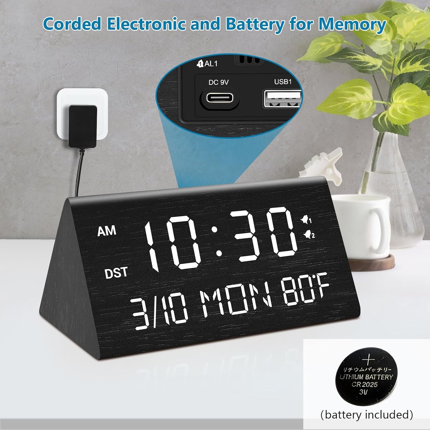 Kogonee Wooden Digital Alarm Clock, 0-100% Dimmer, 2 Alarm Settings, Weekday/Everyday Mode, 9 Mins Snooze, 12/24H, Temperature and Date Display for Office, Travel, Bedroom Alarm Clock (Black)