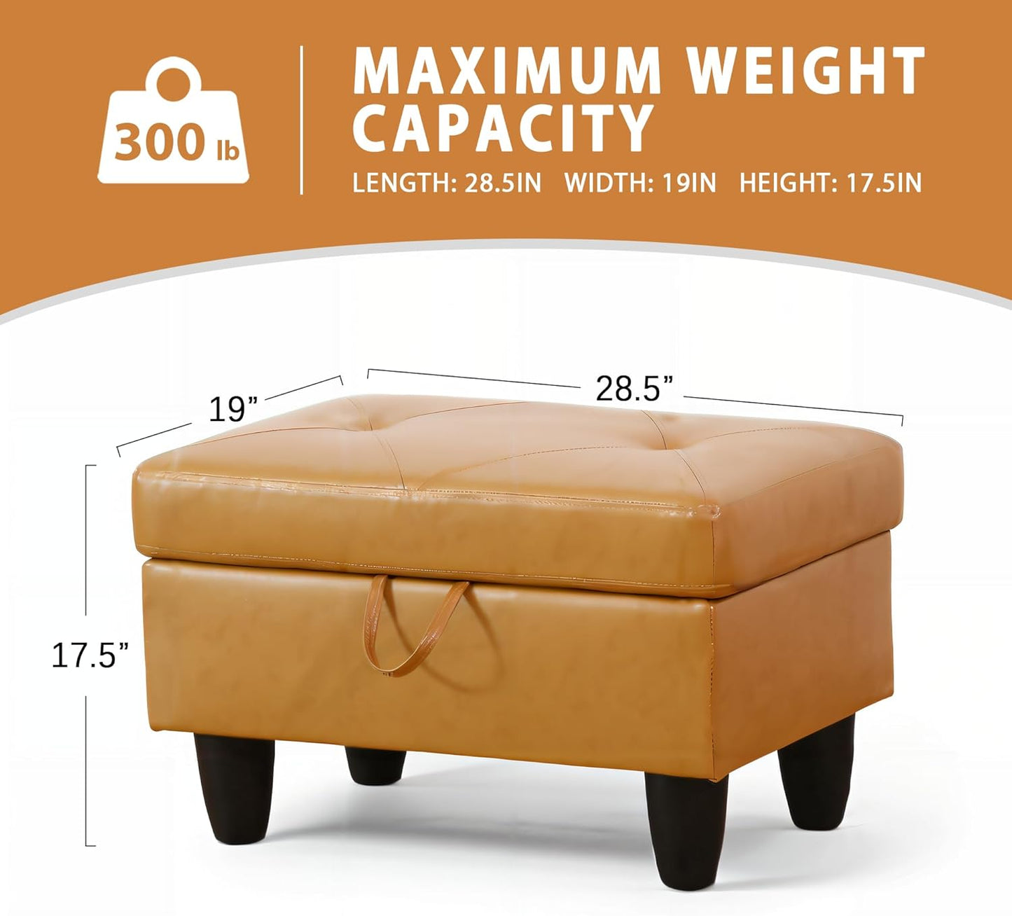 Ottoman Rectangular Storage Ottoman Bench, Faux Leather Footrest, Coffee Table, Stool Footstool with Hinged Lid for Living Room, Bedroom, Entryway, Orange, 28.5"x19"x17.5"