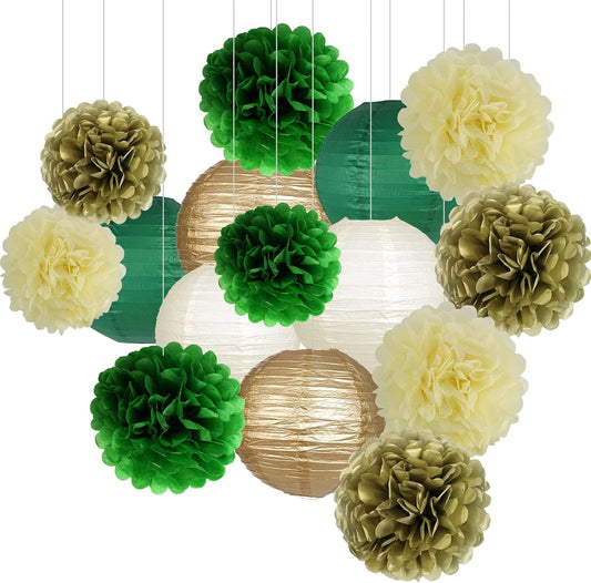 Green Gold Party Decorations, Hanging Paper Lanterns and Pom Poms Flowers for Woodland Baby Shower Graduation Green Birthday Party Decor 15PCS
