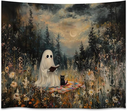 Halloween Ghost and Black Cat Tapestry Wall Hanging Spooky Ghos Reading Book in Wildflowers Wall Decor Halloween Witchy Room Aesthetic Tapestries for Goth Living Room Bedroom Decoration 40x60inch