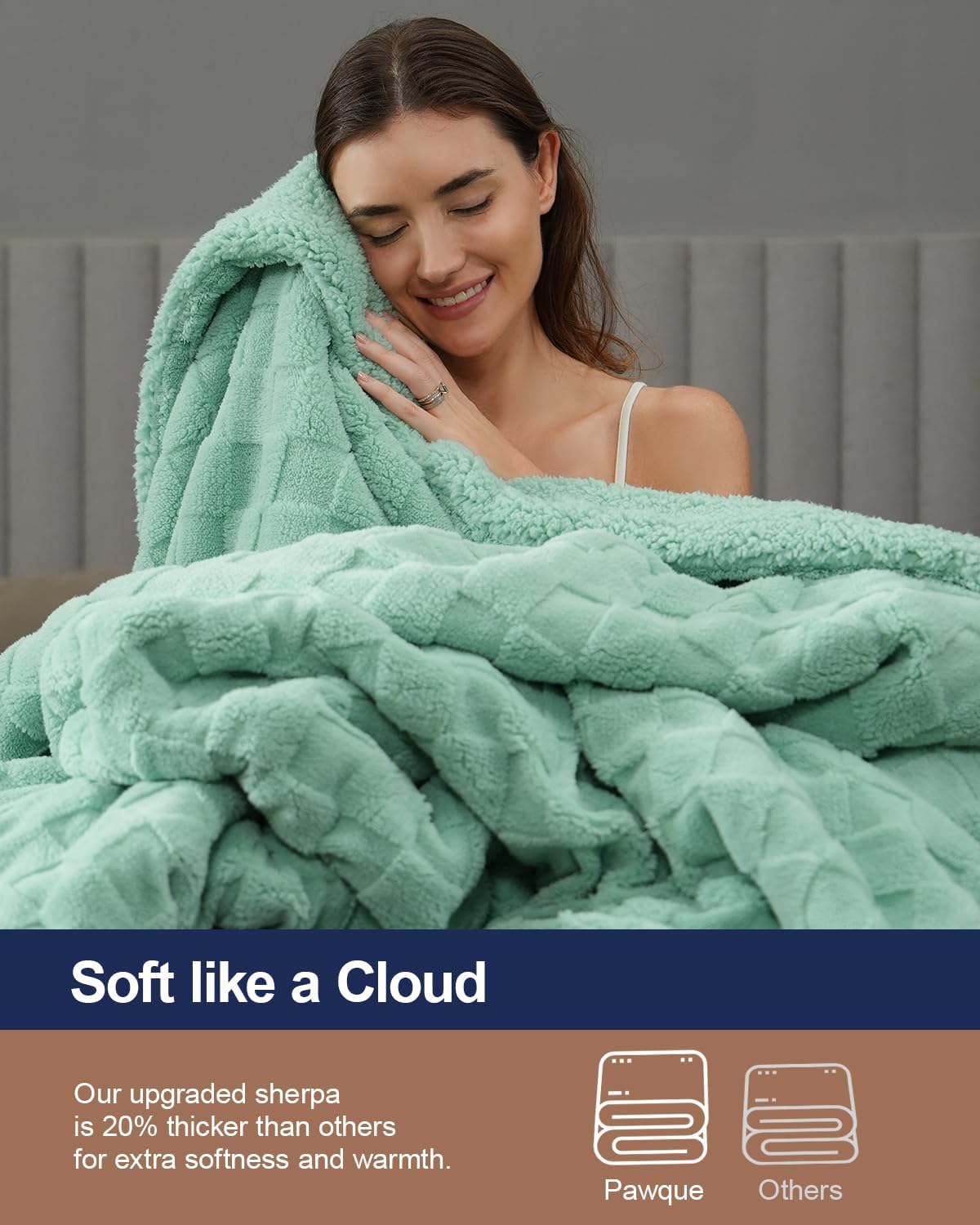 Pawque Super Soft Cozy Throw Blanket Twin Size for Couch Bed, Fluffy Sherpa Fleece Reversible Thick Warm Fuzzy Blanket for All-Season, 3D Checkered Jacquard Decorative Blankets, Sage Green, 60"x80"