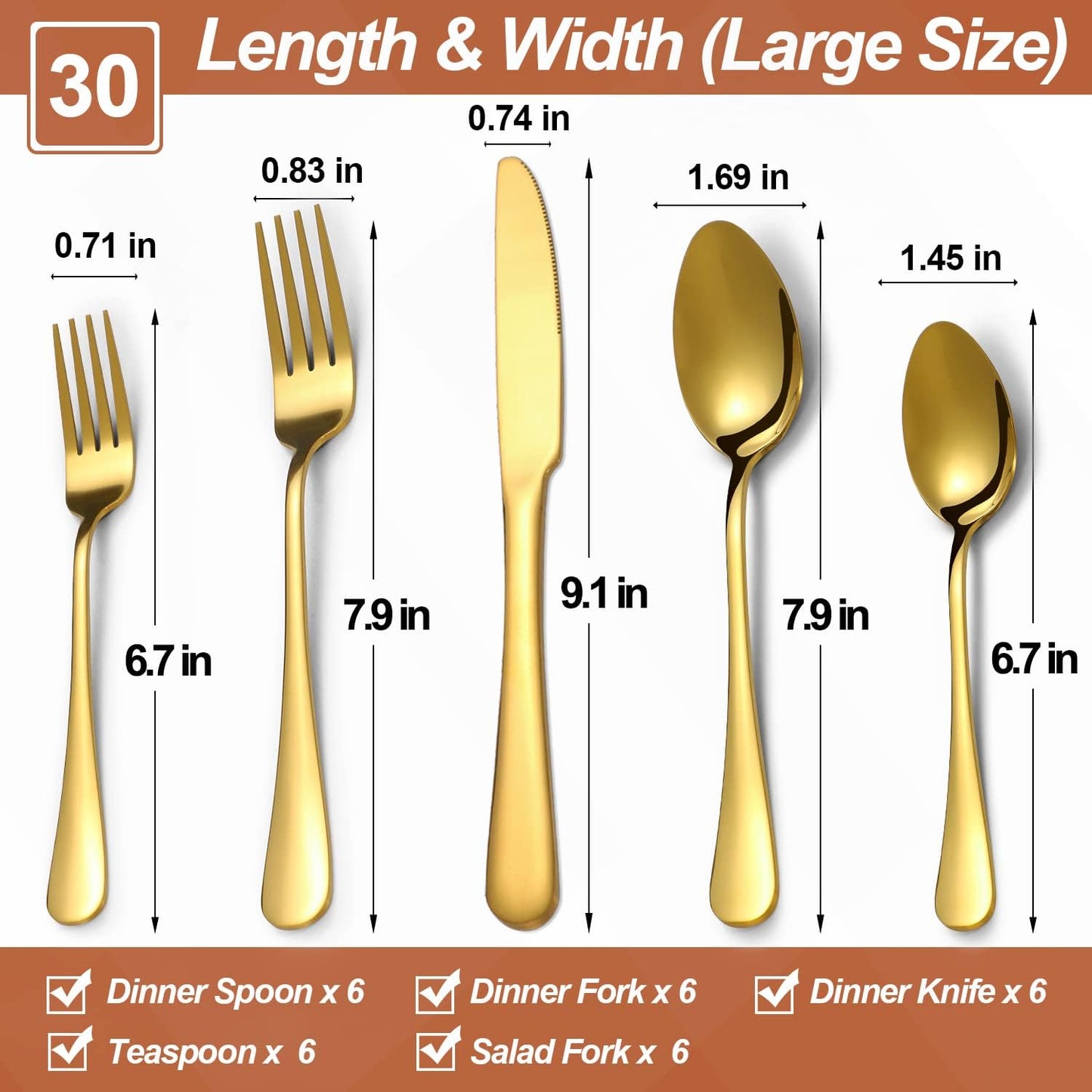 Lazycorner 30 Pcs Gold Silverware Set for 6, Food Grade Stainless Steel Flatware Set Include Fork/Knife/Spoon, Mirror Polished Eating Utensils Sets, Reusable Silverwear Cutlery Set, Dishwasher Safe