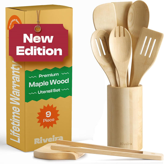 Riveira Maple Wooden Spoons for Cooking Set of 9 – Natural Maple Wooden Cooking Utensils, Wooden Spatula, Wooden Spoon - Premium Quality Wooden Utensil Set for Non-Toxic Cooking