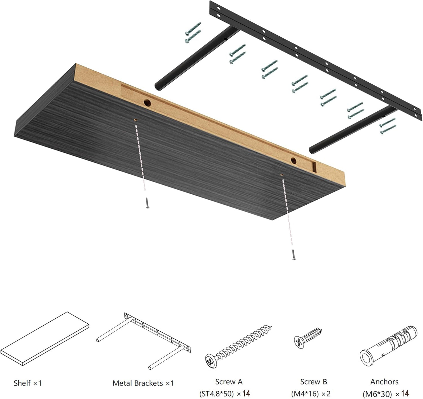 Large Floating Shelves for Wall Set of 2 Wooden Wall Shelves 24 in x 12.75 in x 2 in Room Decor Long Shelf with Invisible Wall Mount Bracket for Bedroom Kitchen Living Room Black Wood