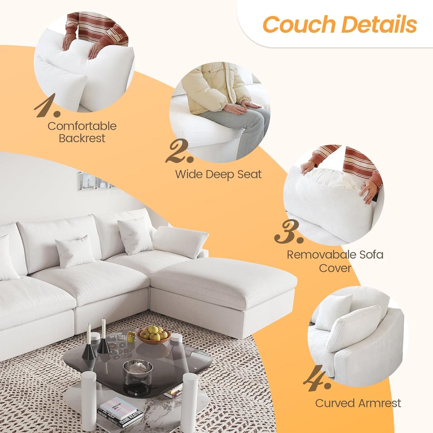 JACH U Shaped Sectional Couches, Cloud Sectional Couch with Deep Seat, 119" Down Filled Modular Sofa with Chaise, Covers Removeable & Washable, Sofas Furniture for Living Room, White