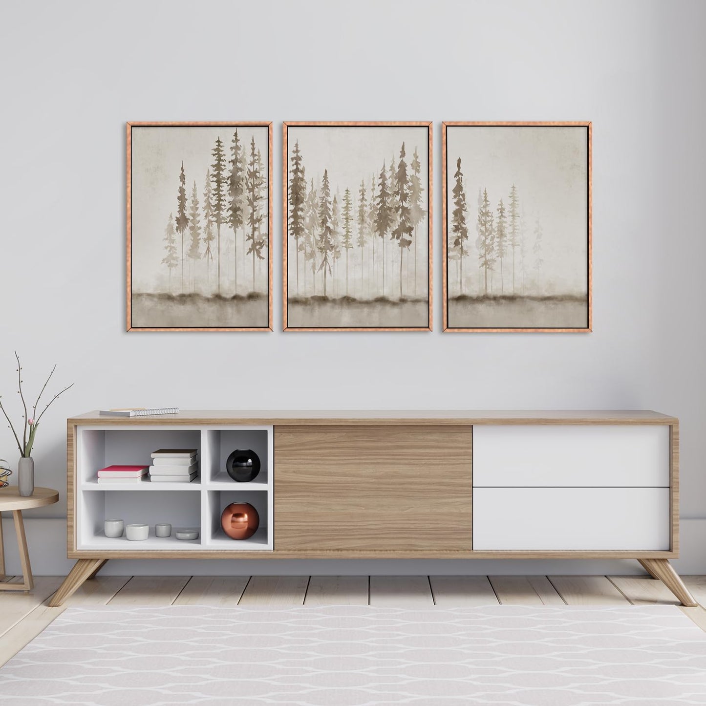 HPNIUB Large Misty Forest Framed Canvas Art Print Set, Modern Foggy Pine Tree Wall Decor, Pastel Nature Landscape, Abstract Foggy Forest Plant Art for Living Room, Bedroom, Office - 16" x 24" x 3