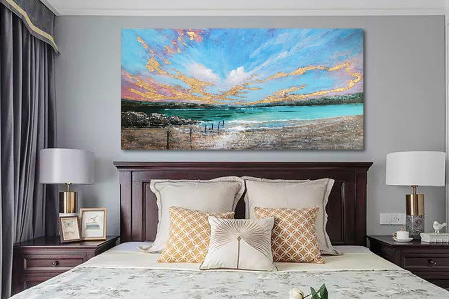 Arjun Ocean Teal Wall Art Canvas Coastal Beach Painting Blue Turquoise Landscape Sunset Picture, Panoramic Gold Foil Textured Large Artwork Framed for Living Room Bedroom Bathroom Wall Decor 40"x20"