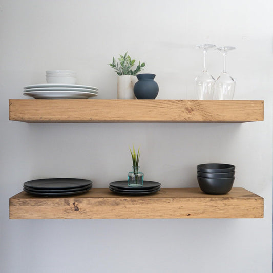 Modern Floating Shelves 3 Inches Thick for Wall, Wide Shelves for Kitchen, Living Room, Bedroom, and Bathroom, Natural Pine Wood, Rustic Wooden Shelf, (Set of 2) (Aged Oak, 60Lx3Hx6D)